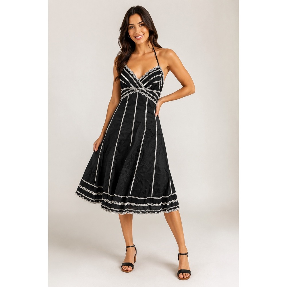 White House Black Market Black Dress Womens 4 Halter Lace Trim Party Cocktail